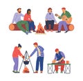 Set of camping scenes with people in camp, flat vector illustration isolated. Royalty Free Stock Photo