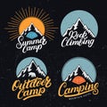 Set of Camping, Summer Camp, Outdoor and Rock Climbing vintage logos, emblems, labels, badges. Royalty Free Stock Photo