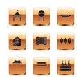 Set Camping tent, Bench, Accordion, Farm House, Hotdog sandwich, Pack of beer bottles and Braid icon. Vector