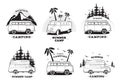 Set with camping trailer logo. Cars on a landscape background with lettering mountain, summer camp. Black and white