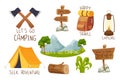 Set Camping travel, forest tent equipment sticker with text in cartoon style isolated on white background. Activity