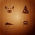 Set Can container for milk, Cow head, Cheese and on wooden background. Vector