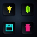 Set Can container for milk, Lollipop, Oven and Hotdog sandwich. Black square button. Vector
