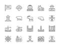 Set of Canadian Culture Line Icons. Sports Equipment, Police, Bear, Elk and more