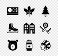 Set Canadian dollar, maple leaf, Christmas tree, Bear head, Coffee cup to go, Native American Indian, Skates and House Royalty Free Stock Photo