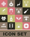 Set Canadian maple leaf, Canada day with, Paddle, Ice hockey stick and puck, Hockey helmet, Snowflake and Bear head icon