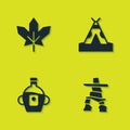 Set Canadian maple leaf, Inukshuk, Maple syrup and Indian teepee or wigwam icon. Vector