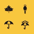 Set Canadian maple leaf, Umbrella and rain drops, and Opium poppy icon with long shadow. Vector