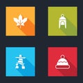 Set Canadian maple leaf, Winter hat, Inukshuk and Beanie icon. Vector Royalty Free Stock Photo