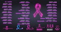 Set of neon Cancer ribbons awareness. Neon Symbolic ribbons: breast, bladder, brain, cervical, colon, childhood, ovarial, kidney,