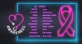 Set of neon Cancer ribbons awareness. Neon Symbolic ribbons: ribbons breast, bladder, brain, cervical, colon, childhood, ovarial, Royalty Free Stock Photo