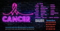 Set of neon Cancer ribbons awareness. Neon Symbolic ribbons: ribbons breast, bladder, brain, cervical, colon, childhood, ovarial,