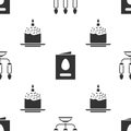 Set Candelabrum with candlesticks, Greeting card with Happy Easter and Easter cake and candle on seamless pattern Royalty Free Stock Photo