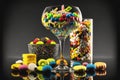 Set of Candies in Glass candy Jars over Black Background, Generative AI Royalty Free Stock Photo