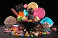 Set of Candies in Glass candy Jars over Black Background, Generative AI Royalty Free Stock Photo