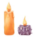 A set of candles with a bright flame. Halloween colors. Yellow and purple elements with wax drops. Watercolor isolated