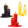 A set of candles in varying degrees of burnout on a white background. Red, black, yellow candles for divination in Royalty Free Stock Photo