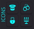 Set Candlestick, Magic hat, Handcuffs and Open padlock icon. Black square button. Vector Royalty Free Stock Photo