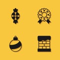 Set Candy, Christmas chimney, ball and wreath icon with long shadow. Vector