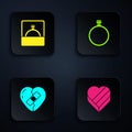 Set Candy in heart shaped box, Diamond engagement ring, Healed broken and . Black square button. Vector Royalty Free Stock Photo
