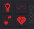 Set Candy in heart shaped box, Heart shape in a light bulb, Heart shaped love glasses and Music note, tone with hearts icon.