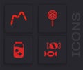 Set Candy, Jelly worms candy, Lollipop and Strawberry jam jar icon. Vector Royalty Free Stock Photo