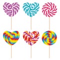 Set candy lollipops, colorful spiral candy cane. Candy on stick with twisted design on white background. Vector Royalty Free Stock Photo