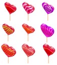 Set of Candy Sugar Heart Lollypops Isometric. Sweet food icon cartoon style