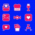 Set Candy, Wedding cake, Glass of champagne, Heart, speech bubble, Envelope with Valentine heart, and icon. Vector