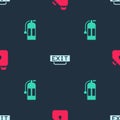 Set Canister fuel, Fire exit and extinguisher on seamless pattern. Vector Royalty Free Stock Photo