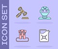 Set Canister fuel, Judge gavel, Arson home and Thief mask icon. Vector