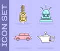 Set Canister for motor machine oil, Car key with remote, Car and Flasher siren icon Royalty Free Stock Photo