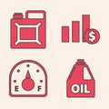 Set Canister for motor machine oil, Canister for gasoline, Pie chart infographic and dollar and Motor gas gauge icon Royalty Free Stock Photo