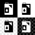 Set Canister for motor machine oil icon isolated on black and white, transparent background. Oil gallon. Oil change Royalty Free Stock Photo