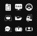 Set Canister for motor oil, Location and gas station, Motor gauge, Word, Gas tank vehicle, Spare wheel in the car and