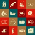 Set Canister for motor oil, Tanker truck, Word, Gas tank vehicle, Oil tanker ship, drop, Propane gas and icon. Vector Royalty Free Stock Photo