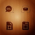 Set Canister for motor oil, Word, and Spare wheel in the car on wooden background. Vector