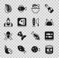 Set Canned fish, Crab, Served on bowl, Fish head, Fisherman, Mussel and with sliced pieces icon. Vector