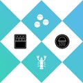 Set Canned fish, Lobster, Takoyaki and Jellyfish on plate icon. Vector