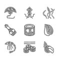 Set Canned fish, Sushi, Scallop sea shell, Mussel, Shrimp, Soy sauce bottle, Seaweed and Stingray icon. Vector