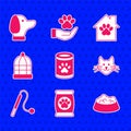 Set Canned food, Bag of for pet, Pet bowl cat dog, Cat, toy, Cage birds, house and Dog icon. Vector