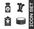 Set Canned food, Dog medicine bottle and pills, Clipboard with medical clinical record pet and Dog bone icon. Vector