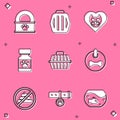 Set Canned food, Pet carry case, Heart with cat, Medicine bottle and pills, Dog collar, No shit and Collar name tag icon Royalty Free Stock Photo