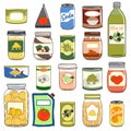 Set of canned food. Preserved food in cans, glass jars, metal containers Royalty Free Stock Photo