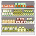 Set of canned food on shelves in supermarket Royalty Free Stock Photo