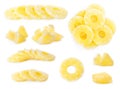 Set of canned pineapple rings and pieces on background Royalty Free Stock Photo