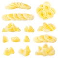 Set of canned pineapple rings and pieces on background Royalty Free Stock Photo