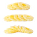 Set of canned pineapple rings on background Royalty Free Stock Photo