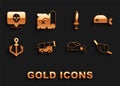 Set Cannon, Pirate bandana for head, eye patch, Anchor, sword, Skull and treasure map icon. Vector