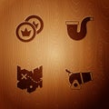 Set Cannon, Pirate coin, treasure map and Smoking pipe on wooden background. Vector Royalty Free Stock Photo